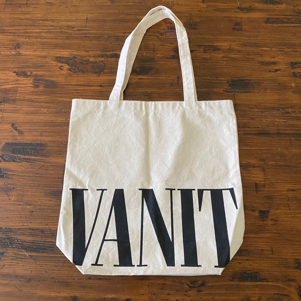 Vanity Fair Canvas Tote Bag Cream Black Large Lettering Logo Magazine Shopper